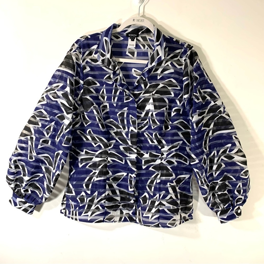 Worth NY Sheer Abstract Stripe Balloon Sleeve Blouse NWOT